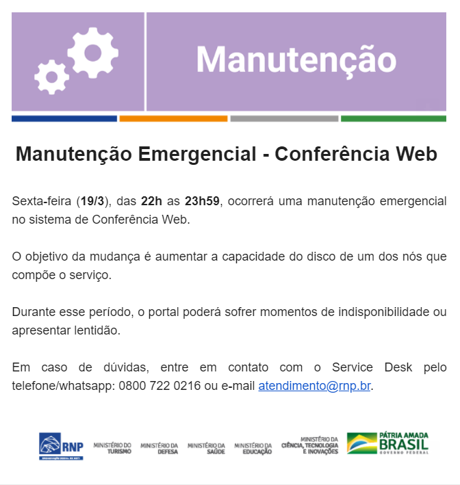 Comunicado - Manutenção e Atualização de Sistema